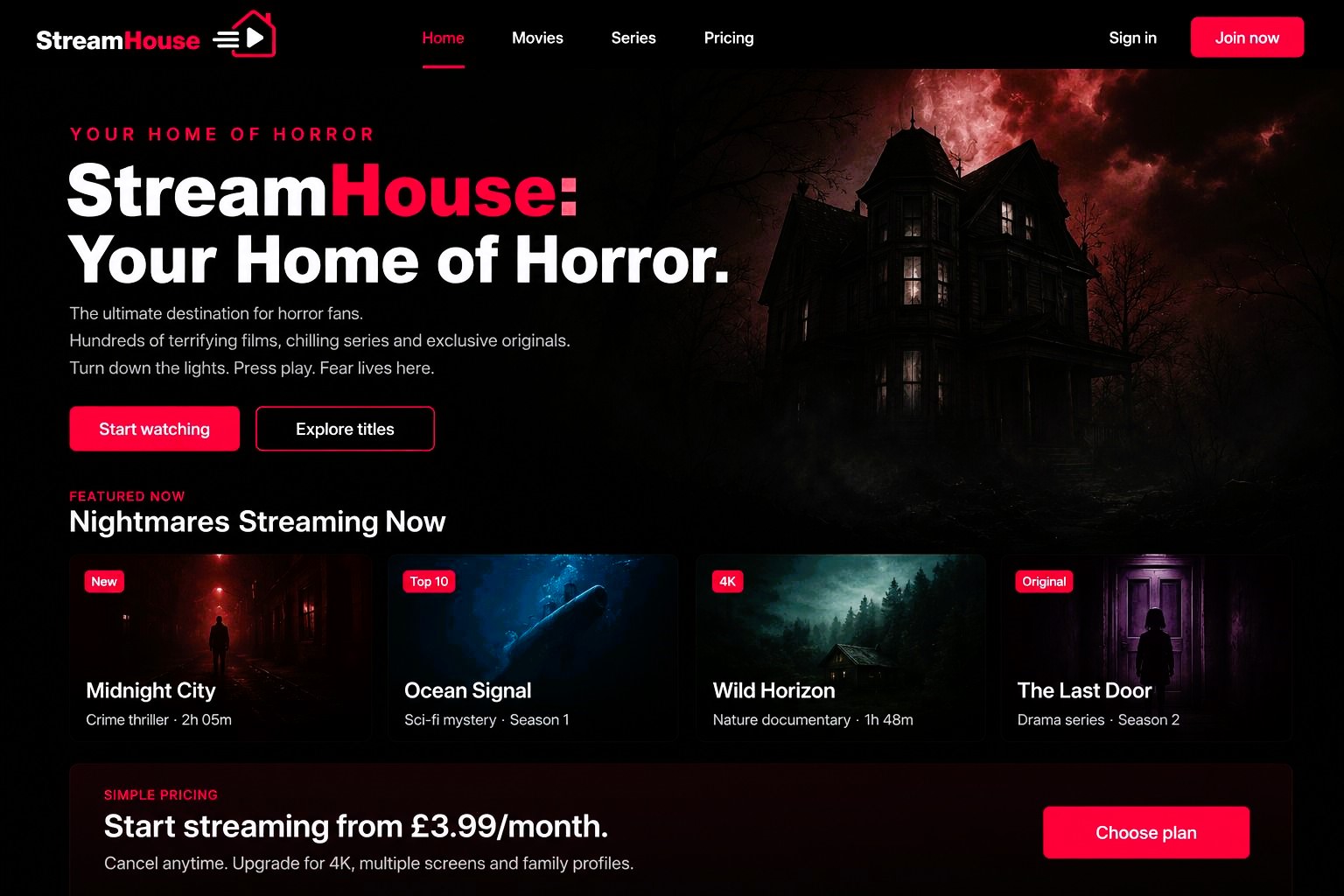 StreamHouse movie streaming platform homepage