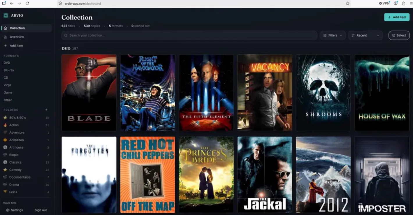 ARVIO media collection app dashboard